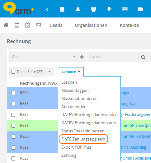 FinTS - Modul Rechnungen Listenansicht Aktion FinTS Zahlungsabgleich