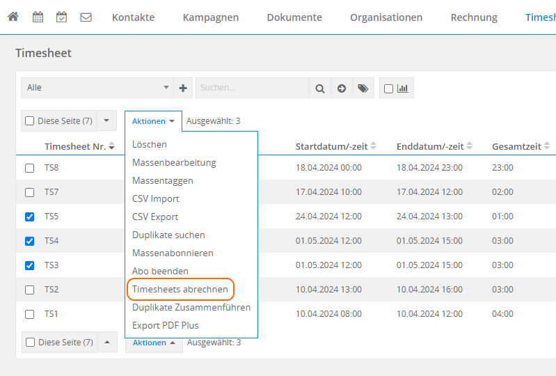 Modul Timesheet - Aktion Timesheet abrechnen